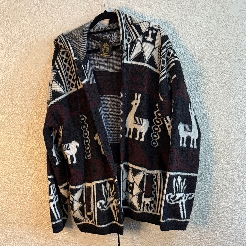 Unisex Black and Brown Wool Alpaca Pattern Jacket - Picture 3 of 8